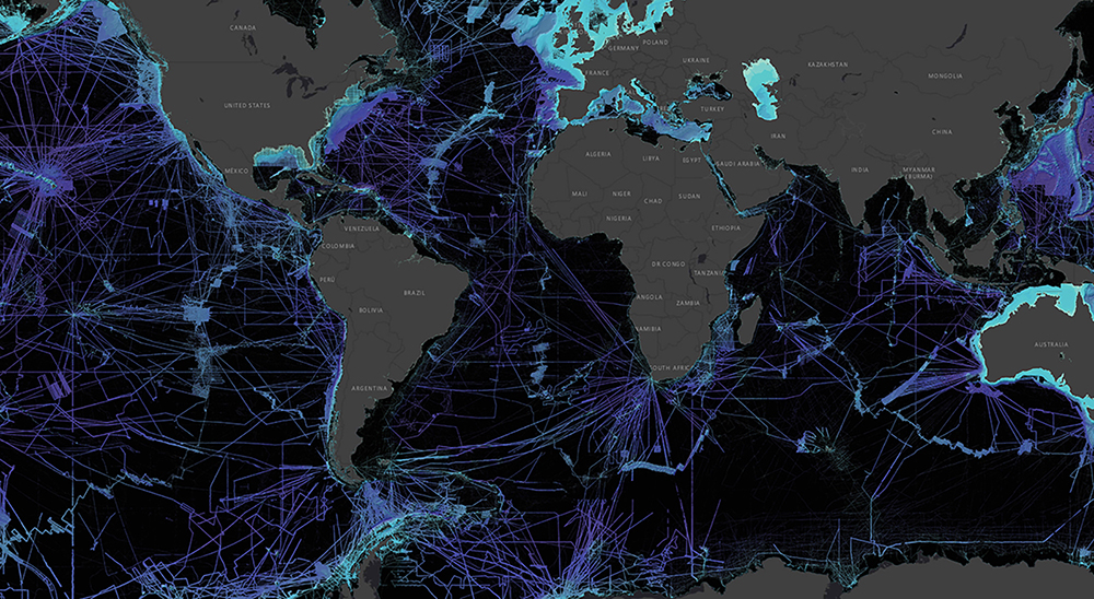 An graphic showing a global map with unmapped portions of the ocean shown in black which looks to be 85 to 90 percent.