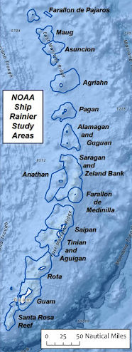 This is a graphic showing a map of Guam and the Commonwealth of the Northern Mariana Islands. The islands are encircled with a blue line which depicts the proposed hydrographic survey areas.