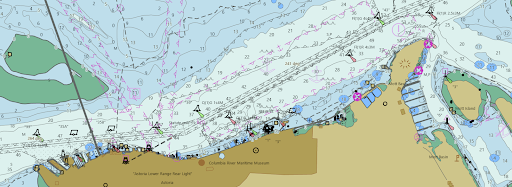 This is a graphic showing an electronic navigational chart depicting the entrance to the Columbia River and Astoria, Oregon. Graphical information on the chart is rendered by an electronic chart display and information system and shows symbols specified by the International Hydrographic Organization.