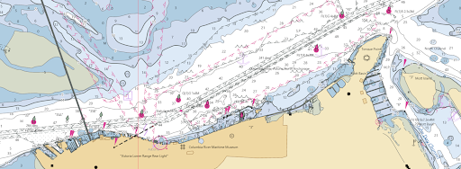 This is a graphic showing an electronic navigational chart depicting the entrance to the Columbia River and Astoria, Oregon. Graphical information on the chart is rendered by the new NOAA Chart Display Service and shows traditional paper chart symbols.
