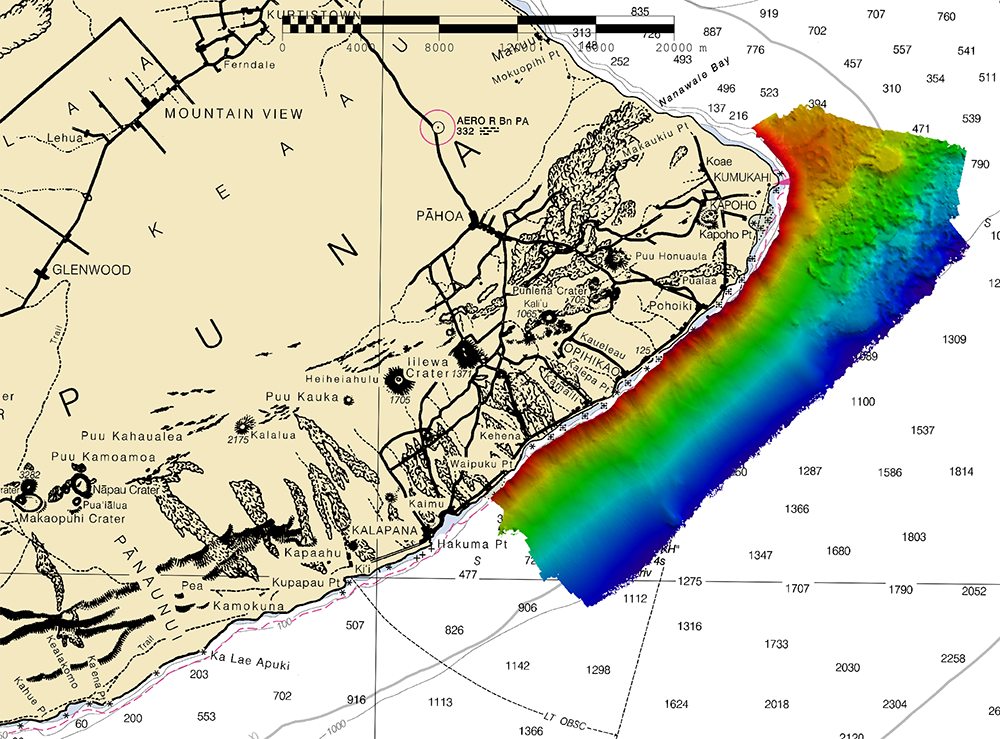Rainier’s multibeam sonar data acquisiton along Puna Coast, displayed on Chart 19320.