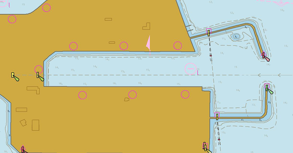 An image showing a vessel dock and slip in Los Angeles harbor on a band 5 electronic navigational chart.