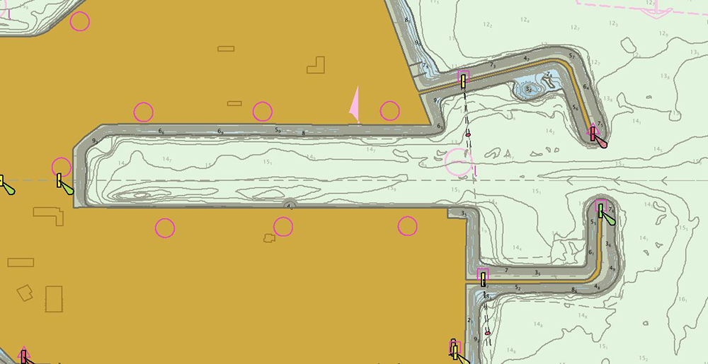 An image showing a vessel dock and slip in Los Angeles harbor on a band 6 electronic navigational chart.