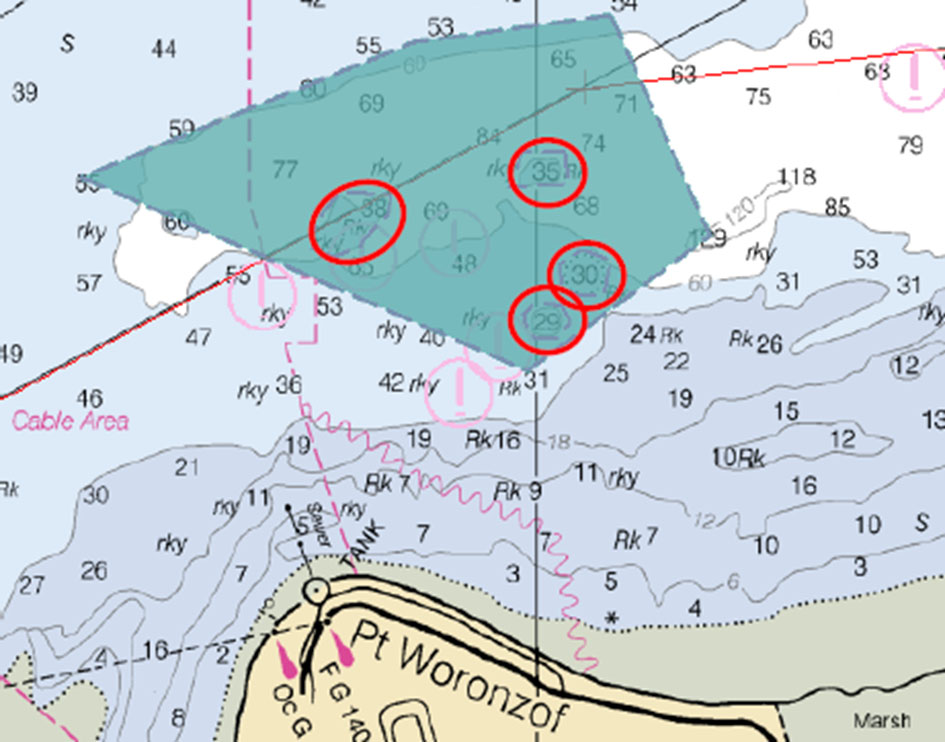 Example of the survey plan off Point Woronzof, outlining area and identified hazards to be verified during survey operations.