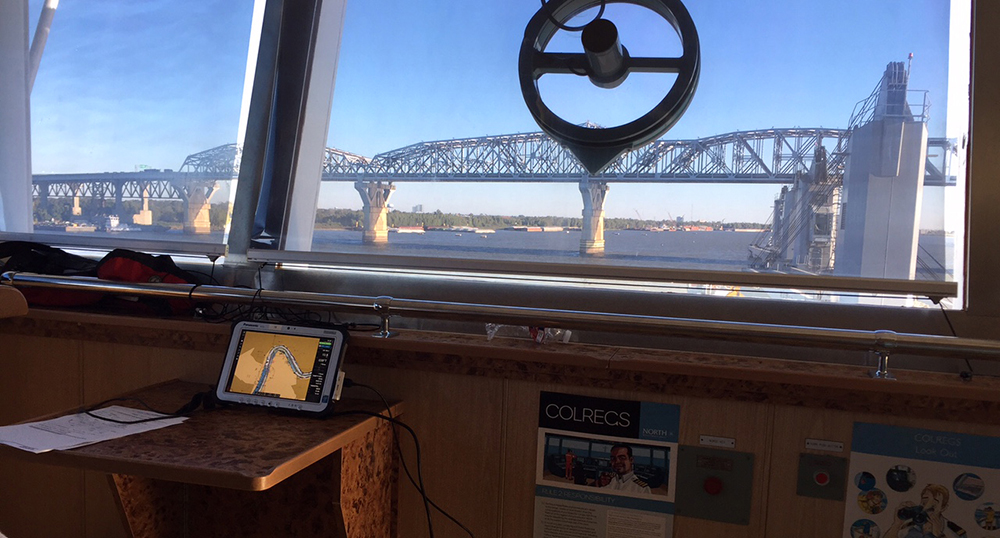 An image showing navigation system on a large vessel as it approaches a bridge on the Mississippi River.
