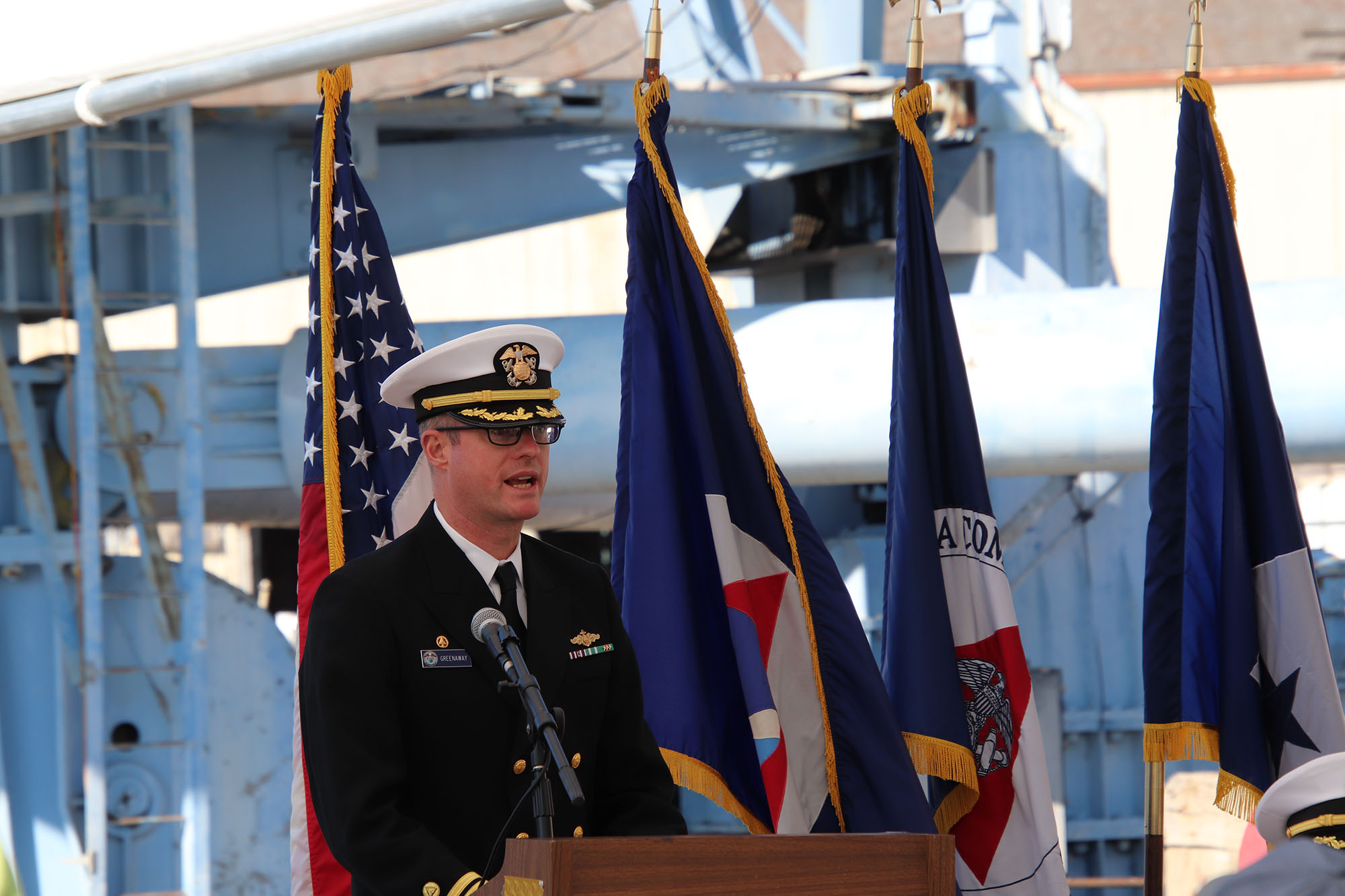 Cmdr. Sam Greenaway provides remarks during the NOAA Ship Rainier change of command ceremony.