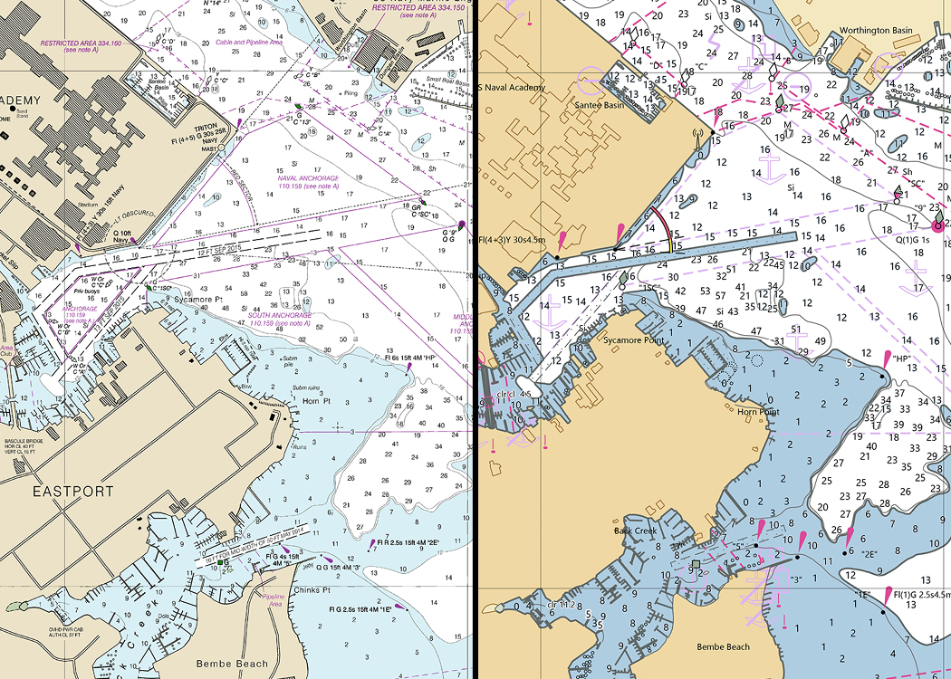 An image showing NOAA chart 12283 on the left, in comparison to the output from the NOAA Custom Charts application in the same location on the right.