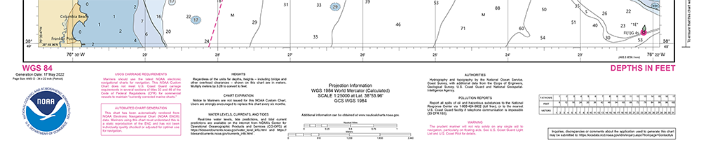 An image showing the lower section of a NOAA Custom Chart and the information included outside the chart panel.