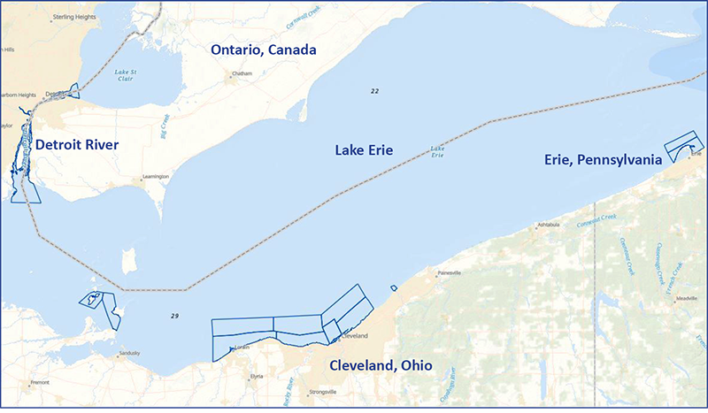 A graphic showing a map of Lake Erie and the Detroit River with project areas outlined in blue.