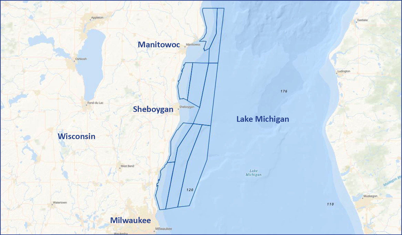 A graphic showing a map of Lake Michigan with project areas outlined in blue.