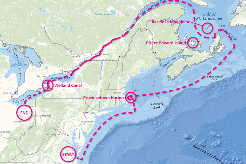 A graphic showing a map of the Thomas Jefferson's route from Norfolk, Virginia to Cleveland, Ohio.