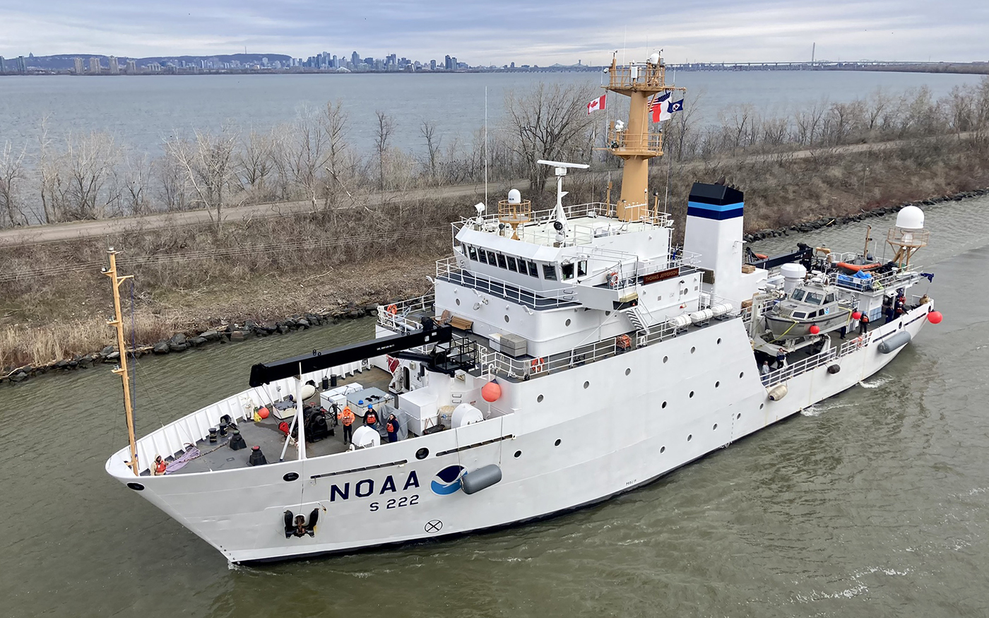 NOAA Ship Thomas Jefferson shown from the bridge wing of a passing ship outside of Montreal, Quebec.