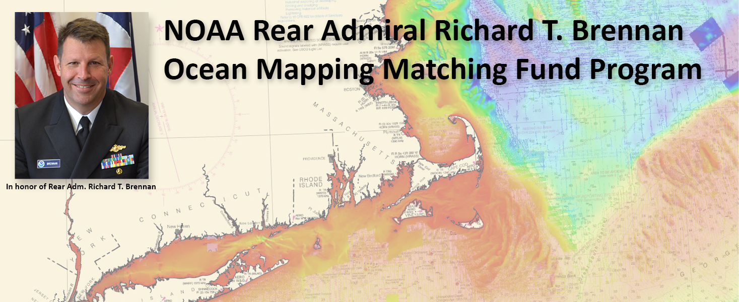 A graphic showing Rear Admiral Richard Brennan over a background of bathymetry