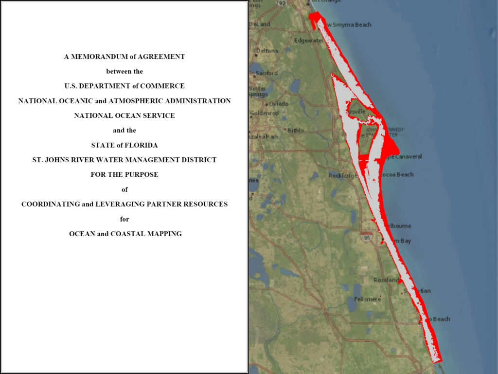 An image showing the cover of a memorandum of agreement on the left and the Indian River Lagoon project area, which spans more than 600 square miles of Florida's east coast on the right.