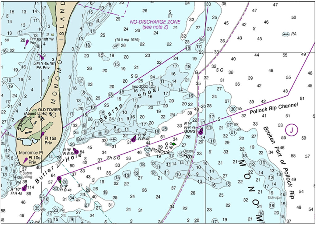 An image of a nautical chart showing Pollock Rip Channel bisecting Pollock Rip to the southeast and Bearse Shoal to the northwest.