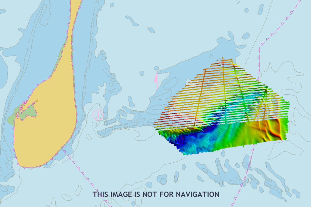 A graphic map showing preliminary sounding data from hydrographic survey launches 2903 and 2904 operated from NOAA Ship Thomas Jefferson around Pollock Rip Channel.