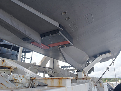 An image showing the underside of a hydrographic survey launch and the multibeam echo sounder and transducer.
