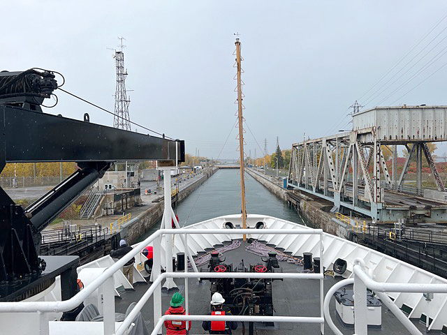 An image of the bow of NOAA Ship Thomas Jefferson, as the ship begins its transit of the Upper Beauharnois lock south of Montréal, Canada in the St. Lawrence Seaway.