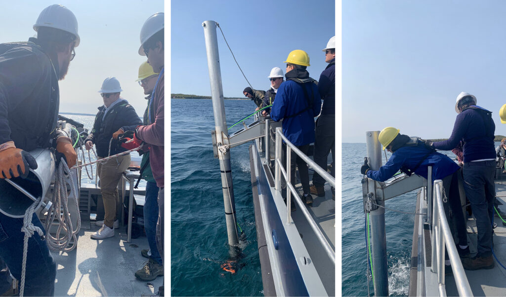 An image showing students lowering a multibeam sonar system mounted on the end of pole alongside the R/V Northwestern.
