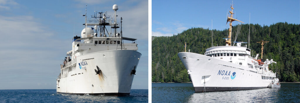 An image of NOAA Ship Okeanos Explorer on the left and  NOAA Ship Fairweather on the right.