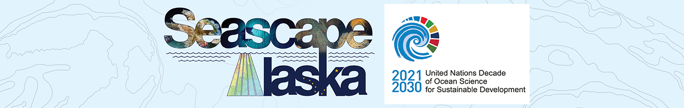 A graphic showing the Seascape Alaska and United Nations Decade of Ocean Science for Sustainable Development logos on a blue background.