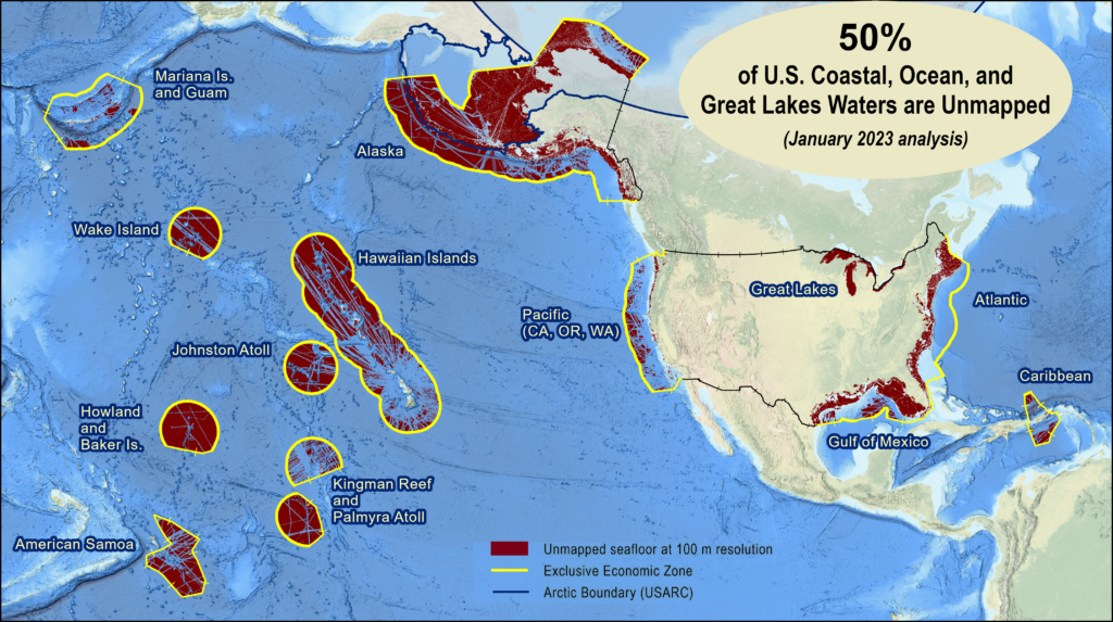 A graphic depicting the amount of unmapped waters, shown in dark red, as of January 2023.