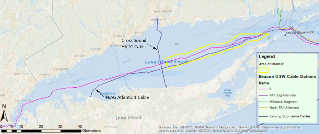 A map showing the area of interest in the Long Island Sound.