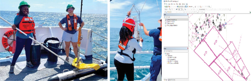 A series of images showing Victoria Obura recovering the side scan sonar towfish, recovering the CTD cast, and a screen capture showing a graphic of the survey junctions.