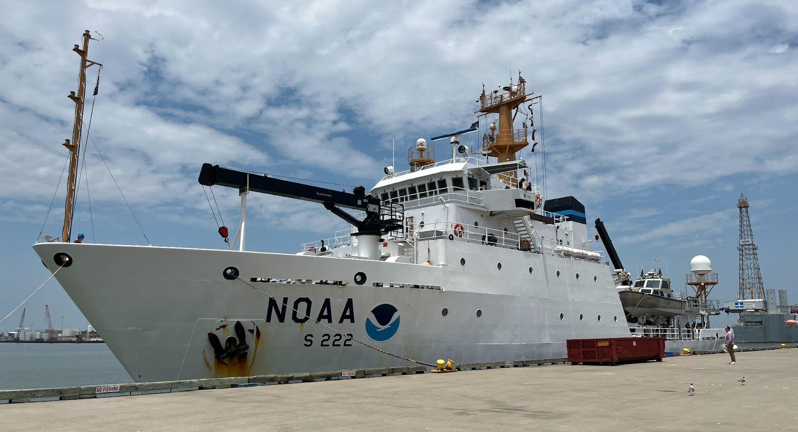 NOAA Ship Thomas Jefferson tied up at the Port of Galveston before departing for its survey leg.