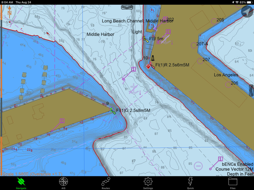 An image of the Jacobsen Pilot's portable pilot unit screen using the navigation system SEAiq Pilot, and S-102 data to draw custom safety contours.