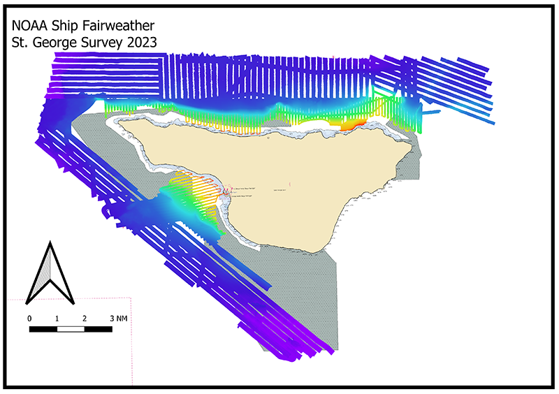 Multibeam bathymetric coverage from the Fairweather’s 2023 survey of the St. George Island.