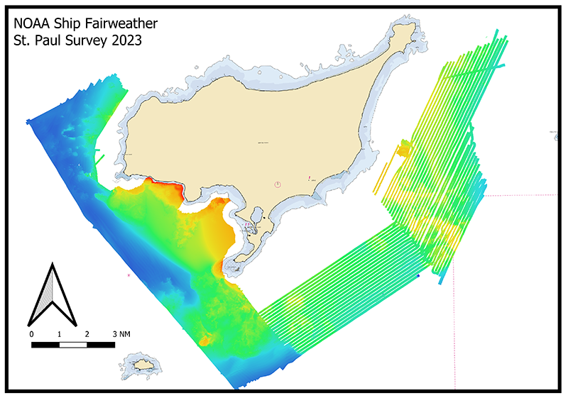 Multibeam bathymetric coverage from the Fairweather’s 2023 survey of the St. Paul Island.