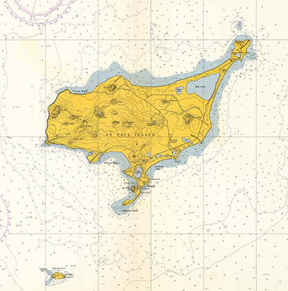 An image of the nautical chart for St. Paul Island in 1953.