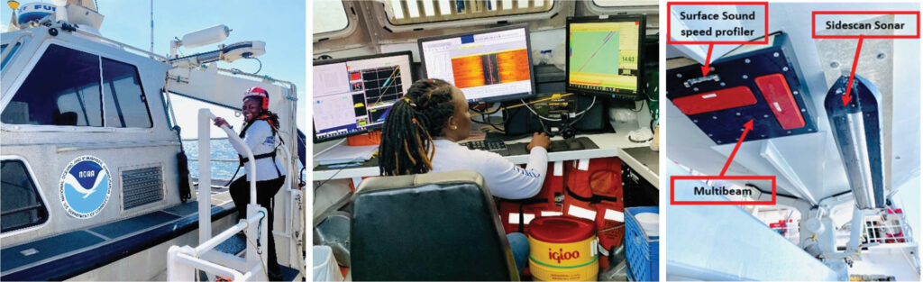 A series of images showing Victoria Obura boarding a survey launch, data acquisition aboard the launch, and echosounders on the underside of the survey launch.