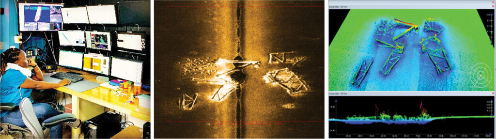 A series of images showing Victoria Obura during survey operations and visualizations of decommissioned platforms shown with side scan sonar and multibeam sonar.