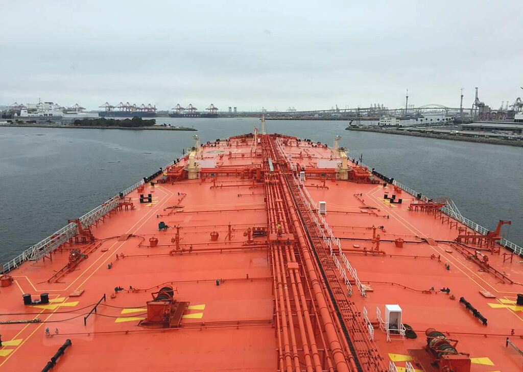 An image taken from the bridge of the vessel's deck in transit into the Port of Long Beach, California.