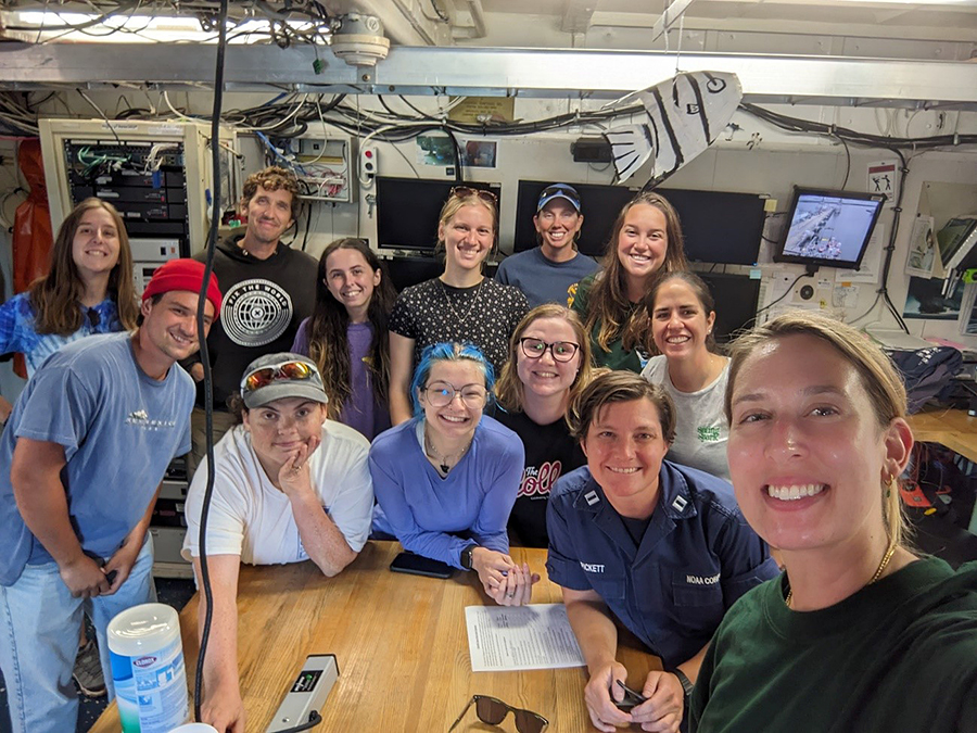 A group image of the survey crew aboard NOAA Ship Nancy Foster.