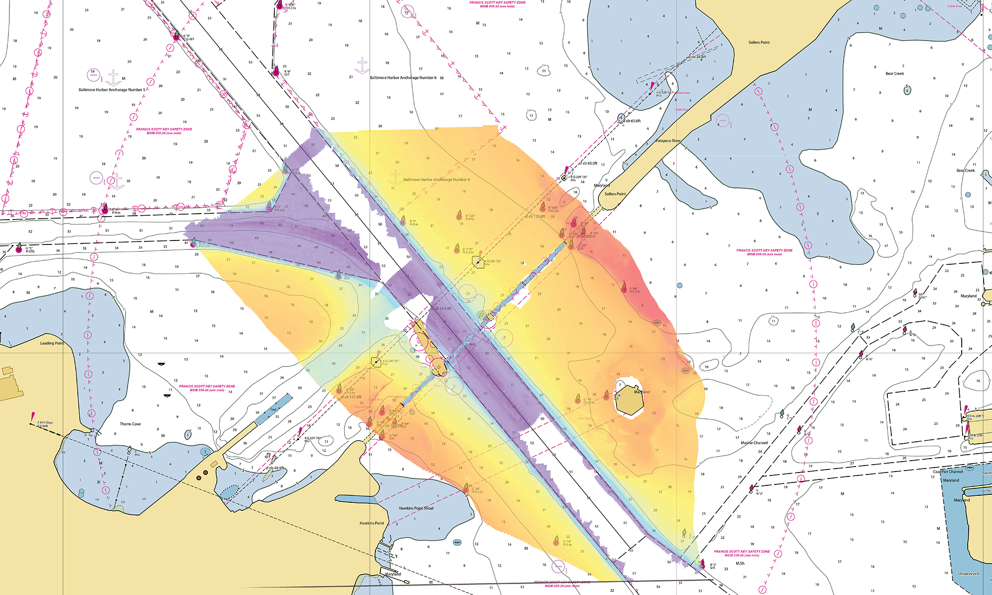 A NOAA graphic showing the nautical chart of the area surrounding the Francis Scott Key Bridge with an overlay of collected bathymetric data (April 5, 2024).
