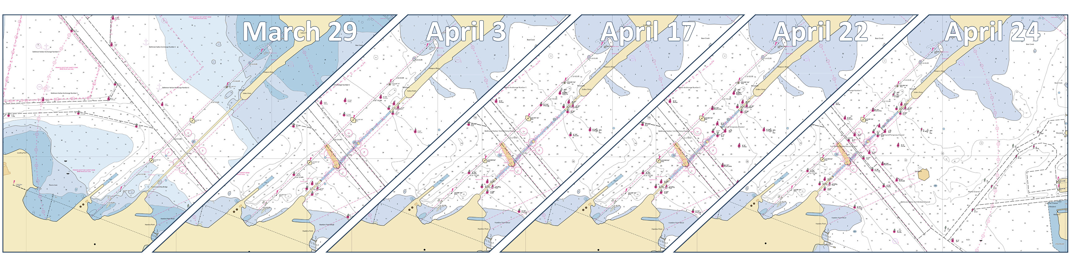 A NOAA graphic showing the nautical chart update progression of the area from March 29 to April 24, derived from the NOAA Custom Chart application.