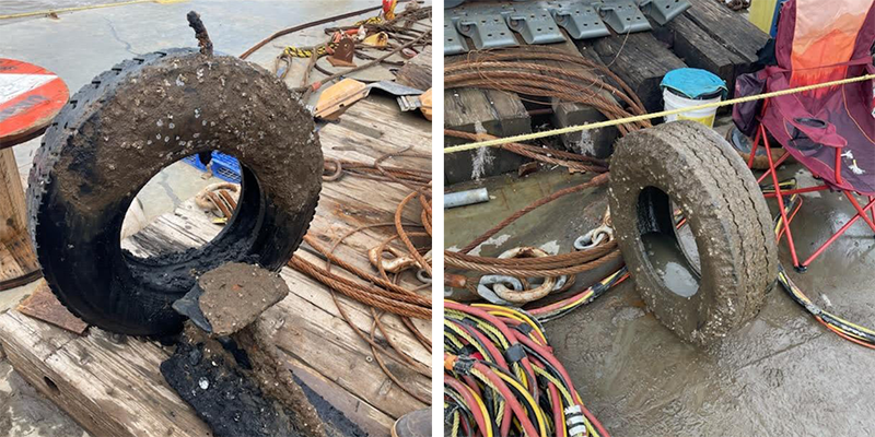 An image of obstructions found and removed in Hawkins Point Channel (left) and Sollers Point Channel (right) during the Francis Scott Key Bridge response.