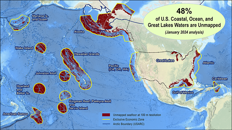 A map showing areas of unmapped seafloor of the United States in January 2024.