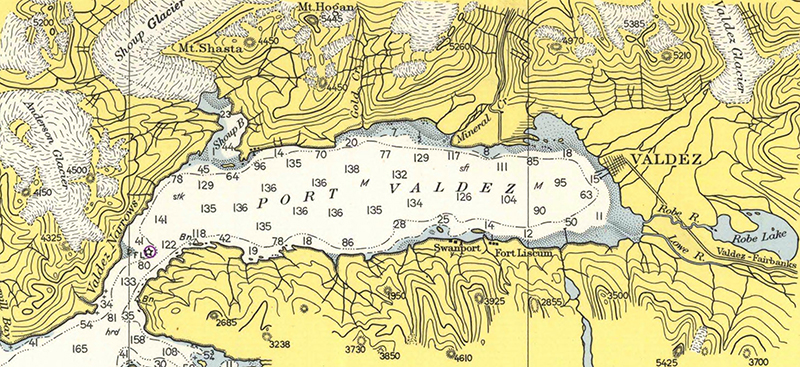 A cropped section of the tenth edition of Chart 8551 published in May 1952 showing the Old Town of Valdez at the head of Port Valdez.