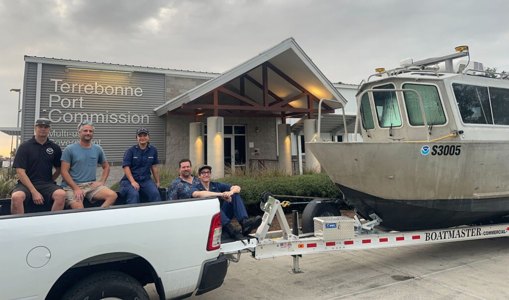 Navigation response team members take a well deserved break after responding to survey requests after Hurricane Francine.