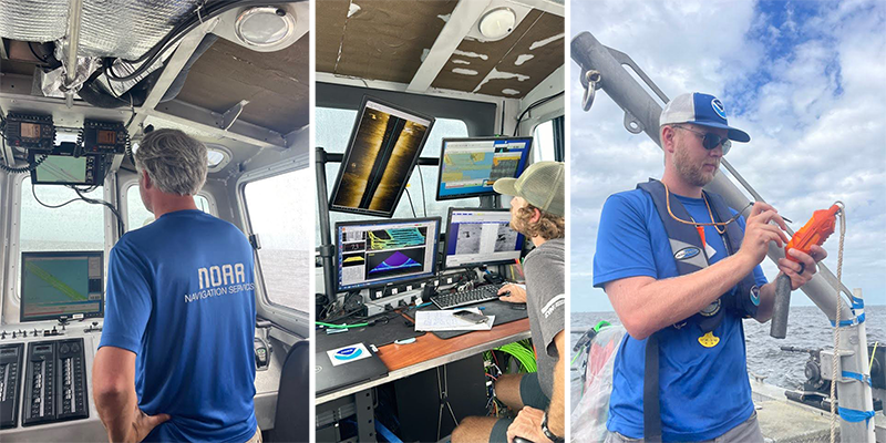 Three images taken during the response to Hurricane Milton. From left to right: navigation response team lead James Kirkpatrick navigating NRT Fernandina Beach survey vessel; Physical Science Technician Michael Coughlin operating multibeam echosounder to collect high resolution bathymetric data; and Physical Science Technician Michael Bloom operating sound speed sensor aboard NRT Fernandina Beach.