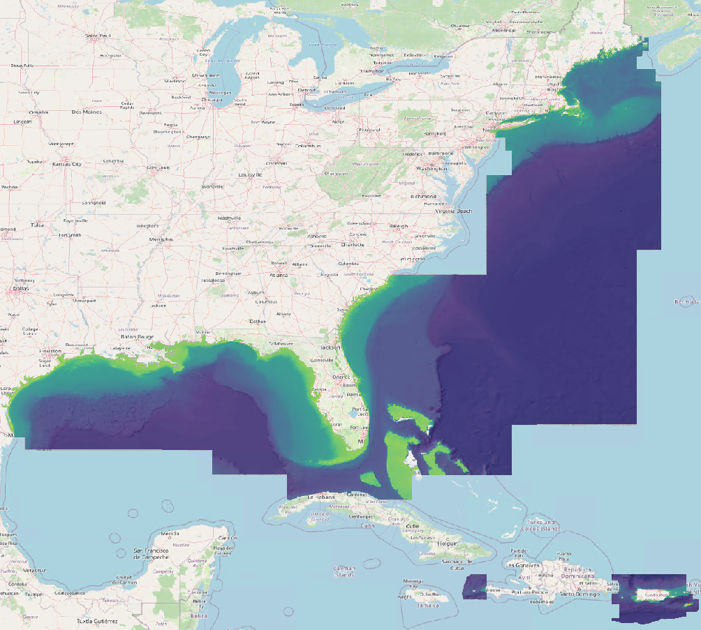 A graphic show a map of the southern and eastern United States and the National Bathymetric Source coverage as of January 2025.