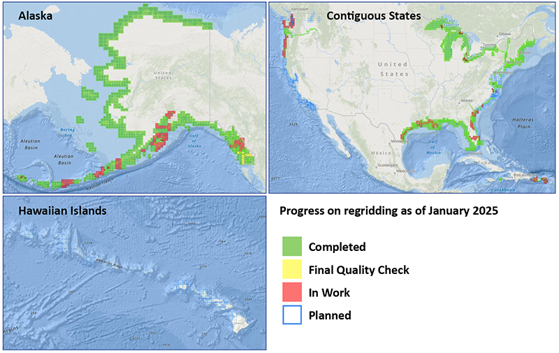 A graphic showing the progress on the regridding of electronic navigational charts in January 2025.
