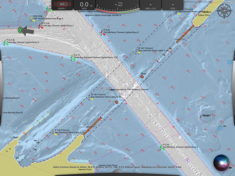 An image of the screen of a Trelleborg SafePilot portable pilot unit showing S-102 high-resolution bathymetry surrounding the Francis Scott Key Bridge in Baltimore, Maryland.