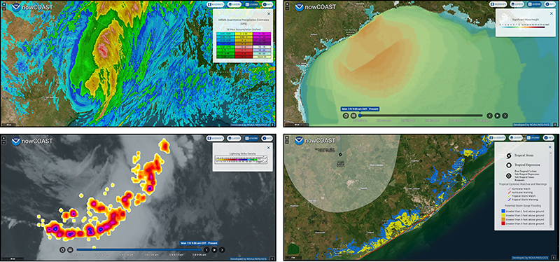 An image showing screen captures from various layers of nowCOAST including: precipitation (upper left), gridded forecast (upper right), lightning strike density (lower left), and storm surge (lower right).