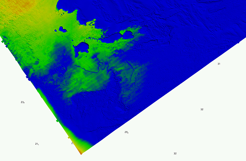 An image showing the water level at 29 meters below the current Mean Lower Low Water level.