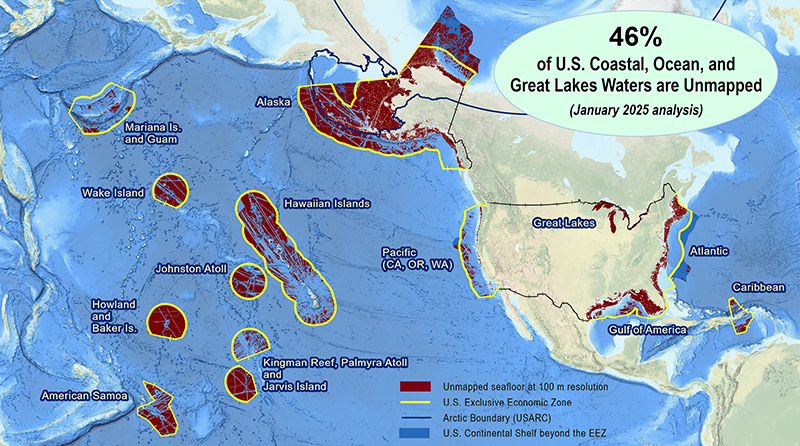 A map showing areas of unmapped seafloor of the United States in January 2025.